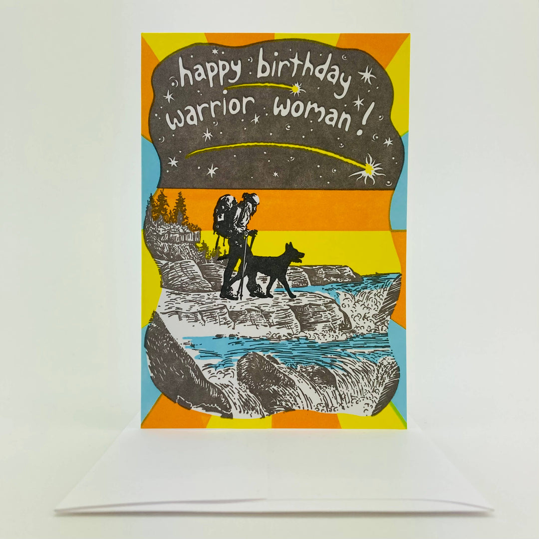 Old School Stationers - Happy birthday. Woman & dog backpacking.