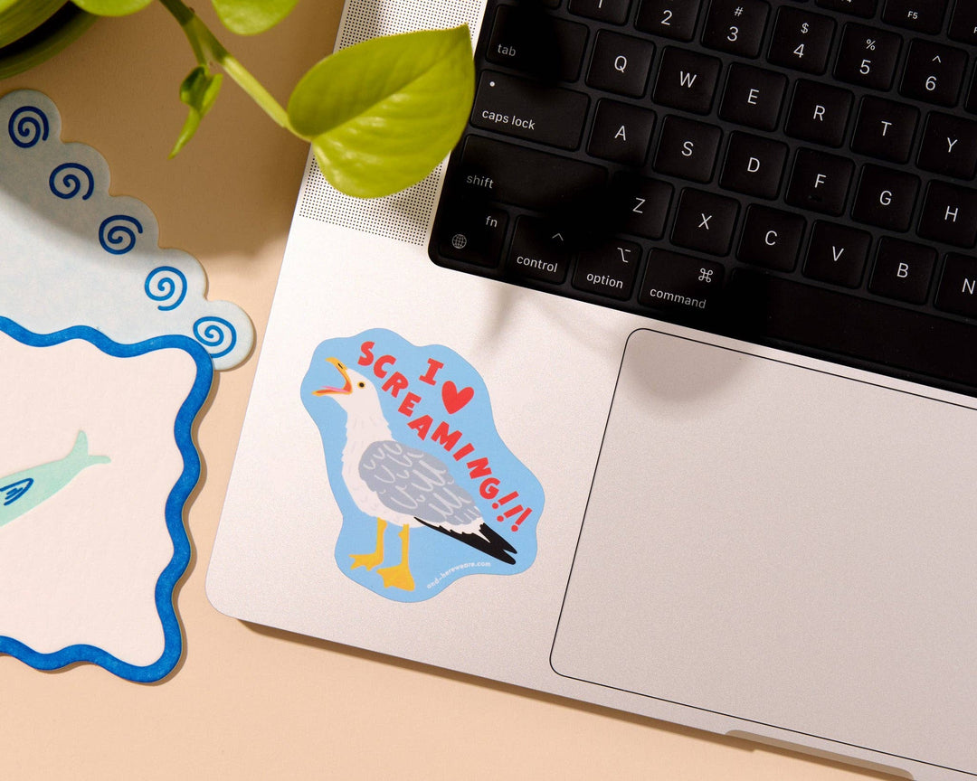 And Here We Are - Vinyl Sticker—I Heart Screaming (Seagull, Funny, Relatable)