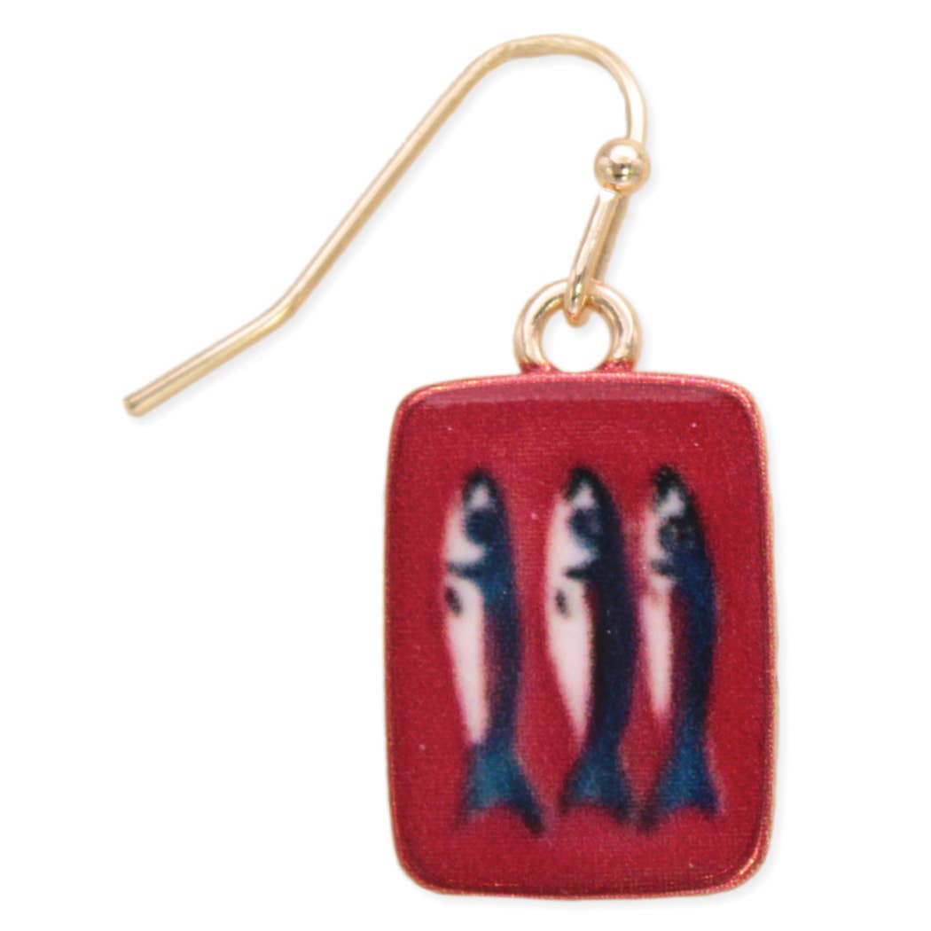 ZAD - Tin of Sardines Fish Print Red Gold Earrings