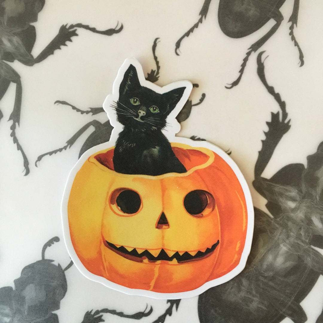 Pergamo Paper Goods - Pumpkin with Black Cat Sticker - Vintage Halloween, Autumn