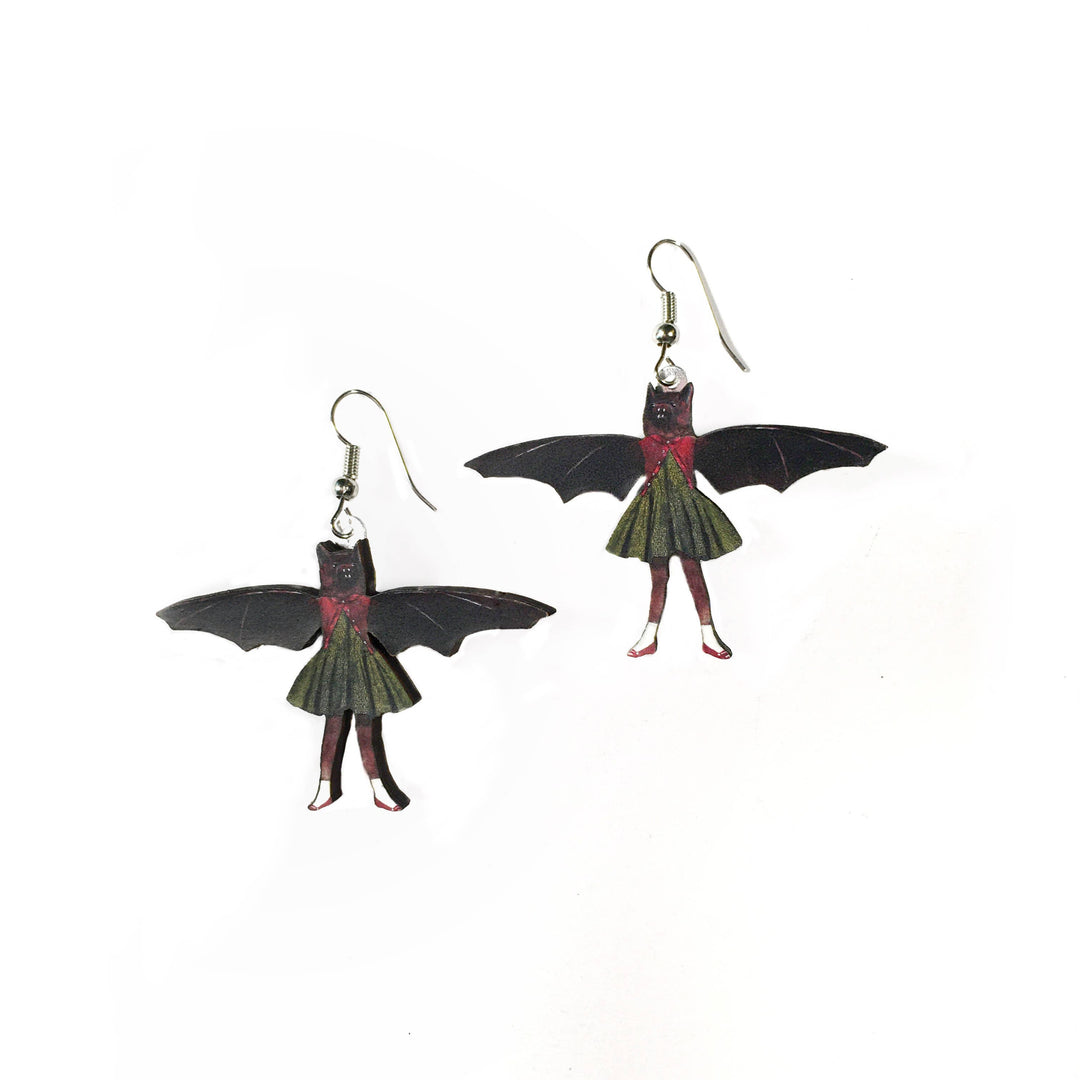 Pergamo Paper Goods - Bat Girl Earrings - Laser cut wood, vintage style animal 