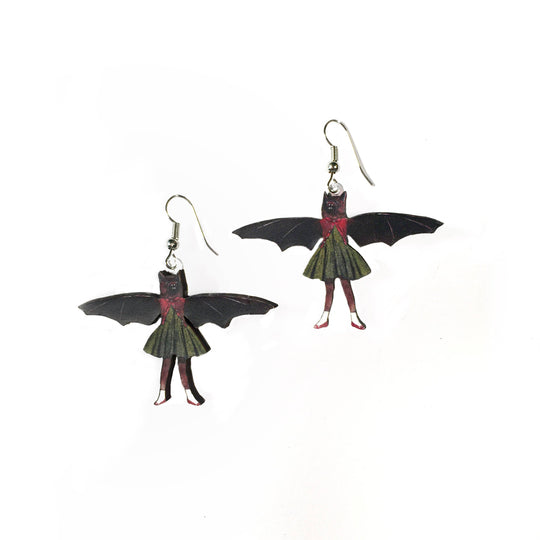 Pergamo Paper Goods - Bat Girl Earrings - Laser cut wood, vintage style animal 
