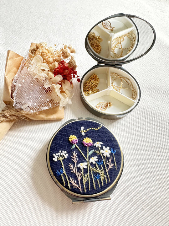 Quince Fables - Floral Embroidered Round Jewelry Box With Mirror (In Stock✅): 1. Full Flowers