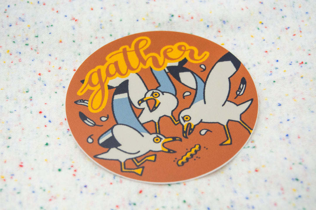 Curlworks - Gather Seagulls - 3" Vinyl Sticker