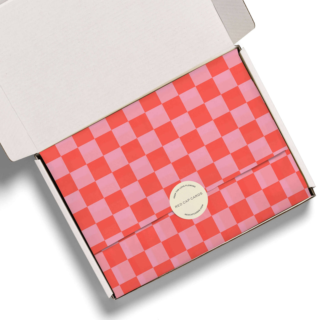 Red Cap Cards - Red and Pink Checkers tissue paper: 5 Sheets