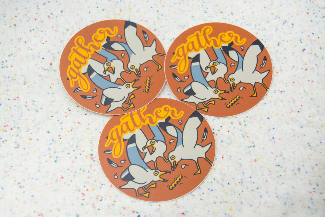 Curlworks - Gather Seagulls - 3" Vinyl Sticker