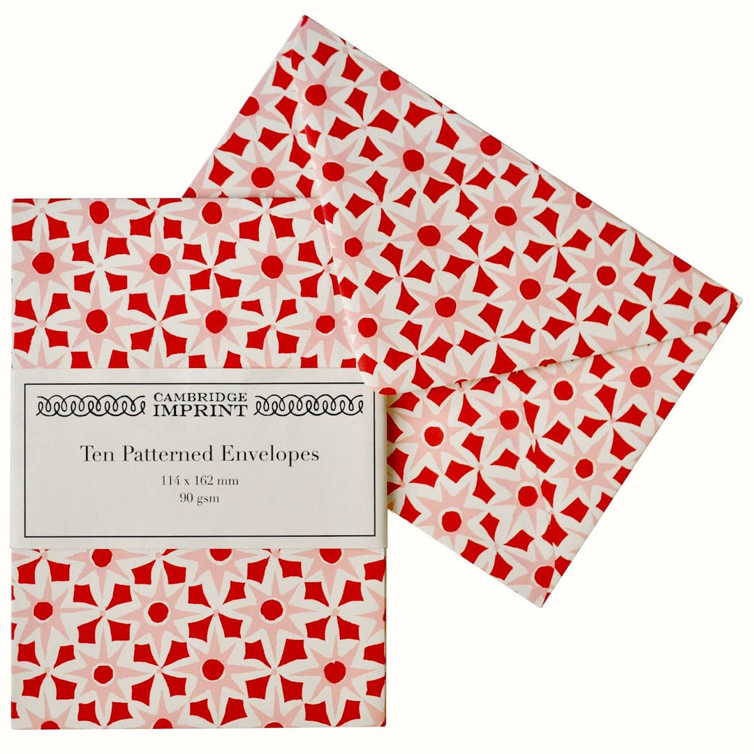 Cambridge Imprint - Packet of Ten Patterned Envelopes Alhambra red/pink