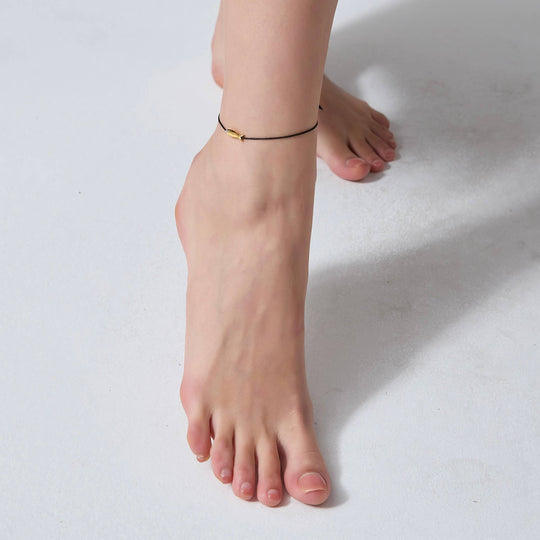 Perimade & Co. LLC - Gold Fish Braid Black Rope Anklet in 925 Sterling Silver: Red