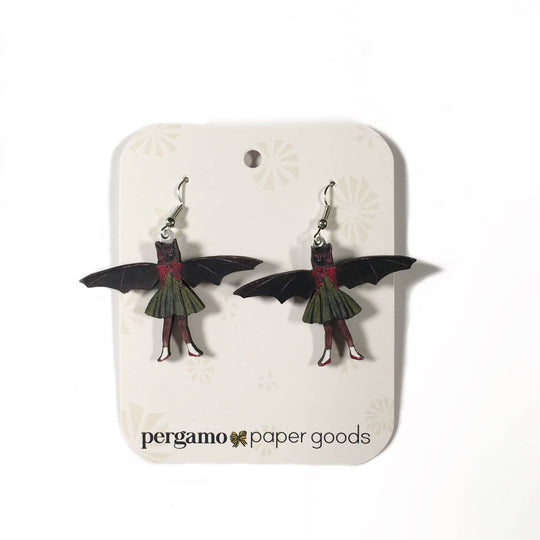 Pergamo Paper Goods - Bat Girl Earrings - Laser cut wood, vintage style animal 