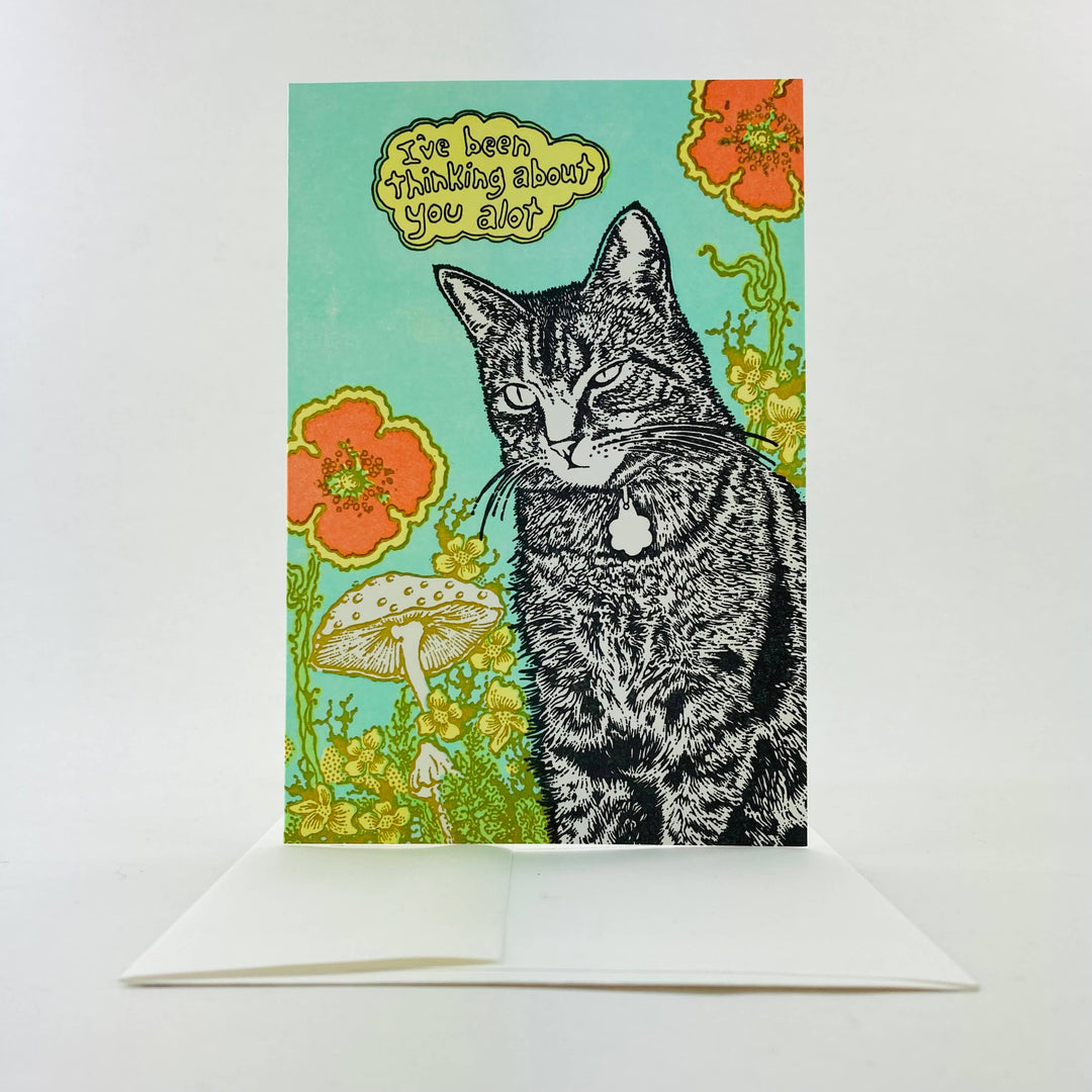 Old School Stationers - I've been thinking about you a lot cat & flowers