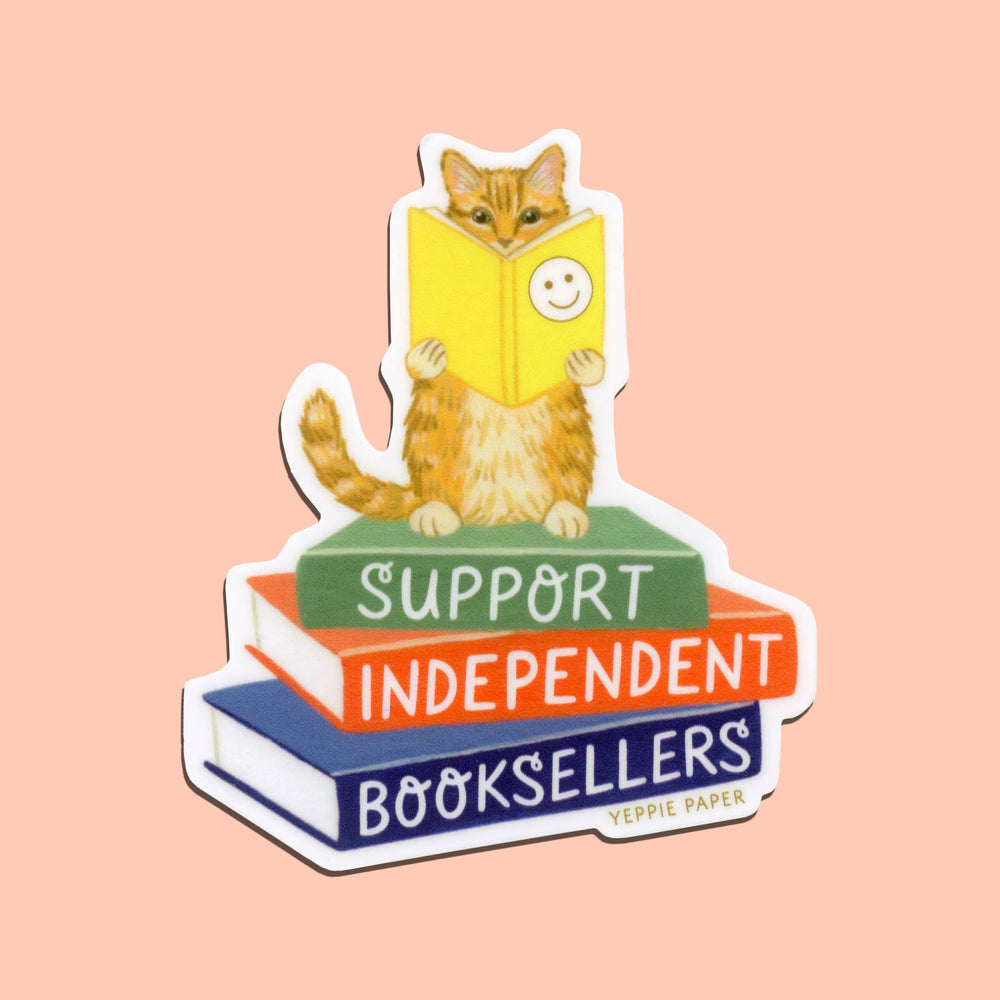 Yeppie Paper - Support Independent Booksellers Cat on Stack of Books Sticker