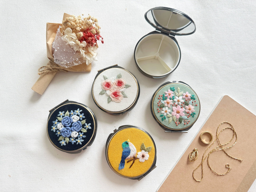 Quince Fables - Floral Embroidered Round Jewelry Box With Mirror (In Stock✅): 1. Full Flowers