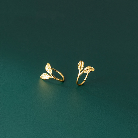 Perimade & Co. LLC - Tiny Leaf Branch Hook Hoop Earrings in 925 Sterling Silver: Gold