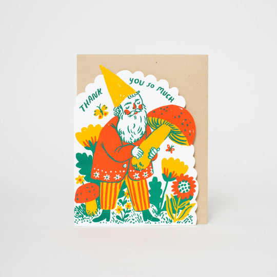 Egg Press Manufacturing - Thank You Gnome Die-cut Letterpress Greeting Card by Phoebe Wahl: Plastic sleeve