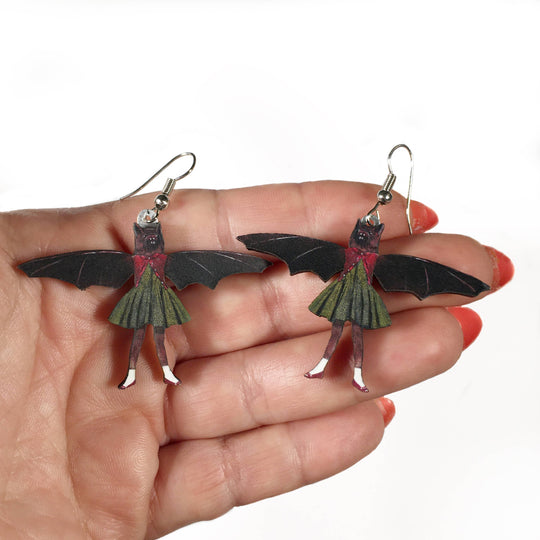 Pergamo Paper Goods - Bat Girl Earrings - Laser cut wood, vintage style animal 