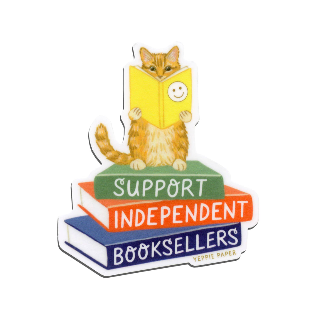 Yeppie Paper - Support Independent Booksellers Cat on Stack of Books Sticker