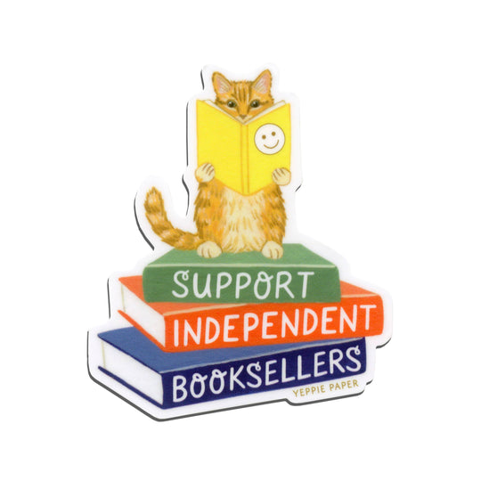 Yeppie Paper - Support Independent Booksellers Cat on Stack of Books Sticker