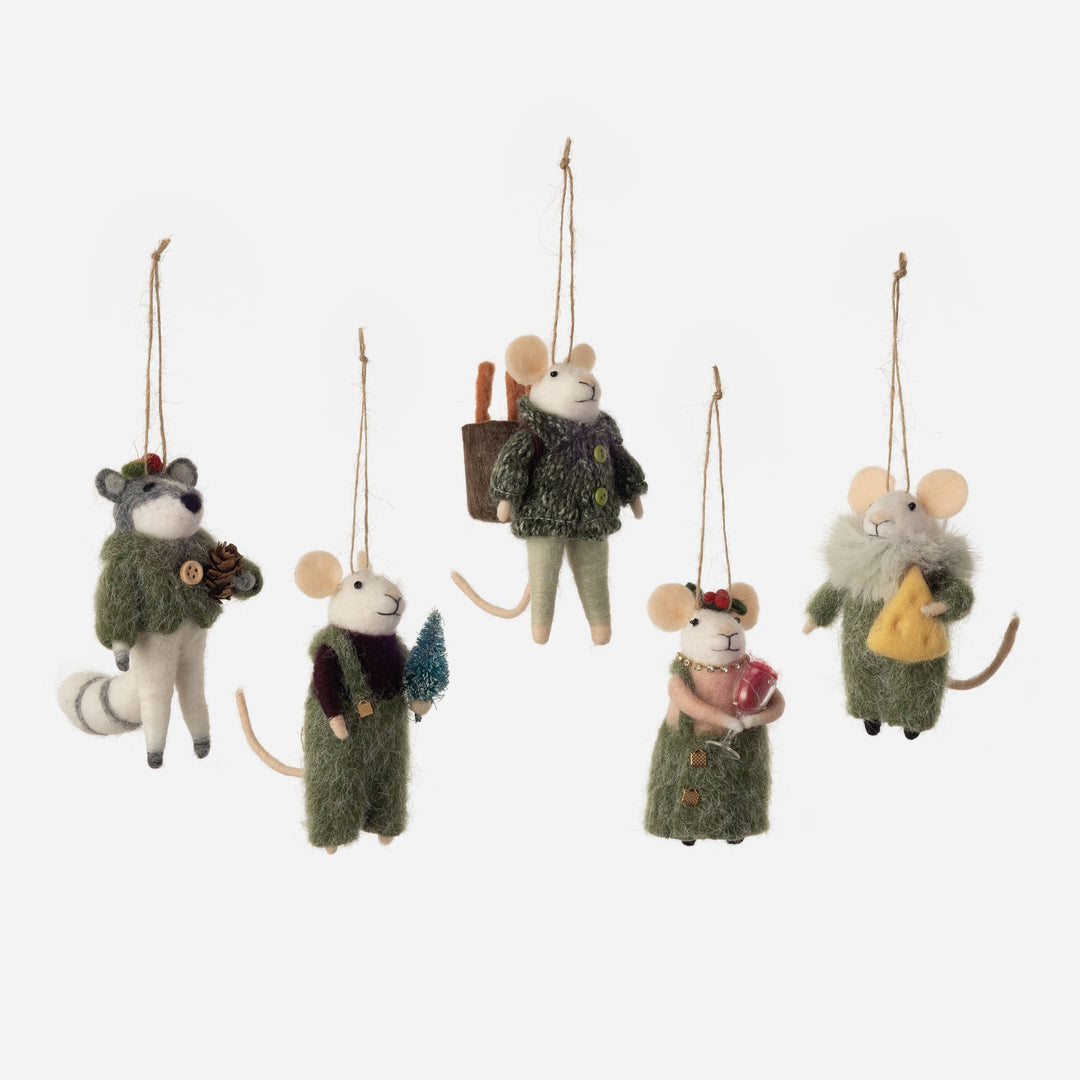 One Hundred 80 degrees - Mouse Felt Christmas Ornament, 5 Assorted