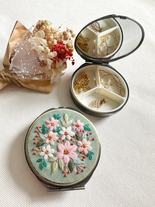 Quince Fables - Floral Embroidered Round Jewelry Box With Mirror (In Stock✅): 1. Full Flowers
