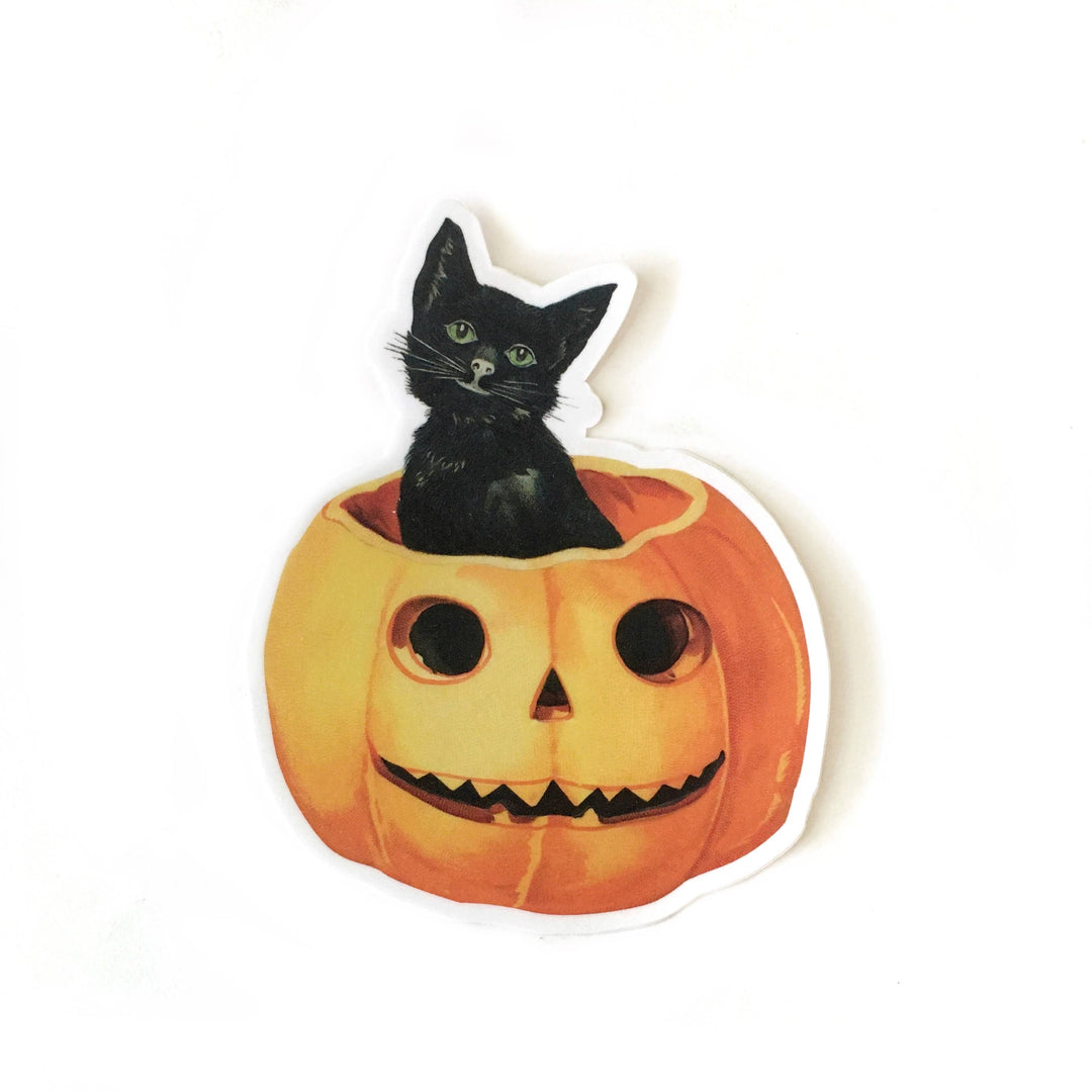 Pergamo Paper Goods - Pumpkin with Black Cat Sticker - Vintage Halloween, Autumn