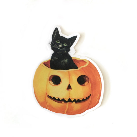 Pergamo Paper Goods - Pumpkin with Black Cat Sticker - Vintage Halloween, Autumn