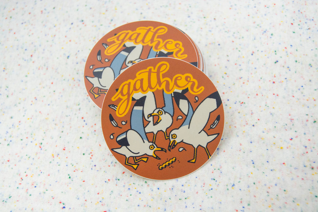 Curlworks - Gather Seagulls - 3" Vinyl Sticker