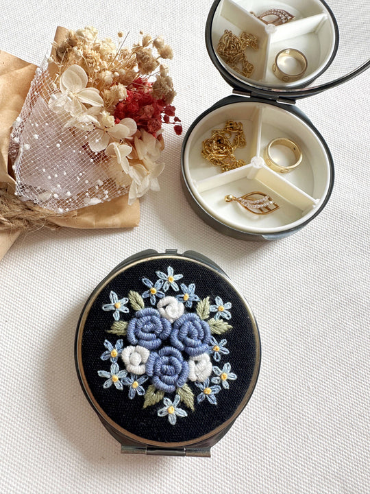 Quince Fables - Floral Embroidered Round Jewelry Box With Mirror (In Stock✅): 1. Full Flowers