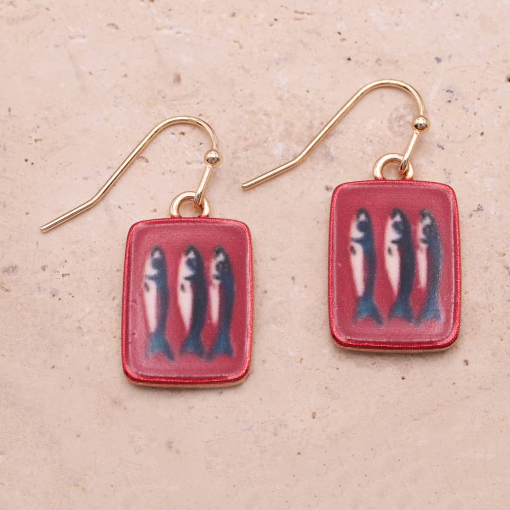 ZAD - Tin of Sardines Fish Print Red Gold Earrings