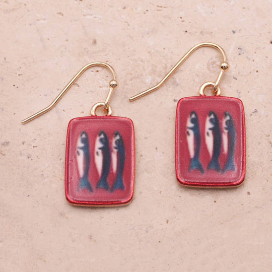 ZAD - Tin of Sardines Fish Print Red Gold Earrings