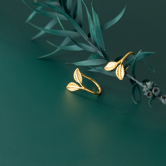 Perimade & Co. LLC - Tiny Leaf Branch Hook Hoop Earrings in 925 Sterling Silver: Gold