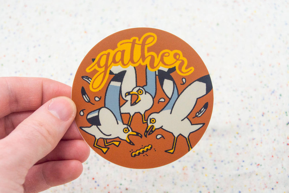 Curlworks - Gather Seagulls - 3" Vinyl Sticker