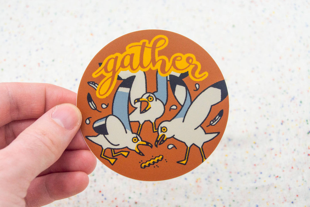 Curlworks - Gather Seagulls - 3" Vinyl Sticker