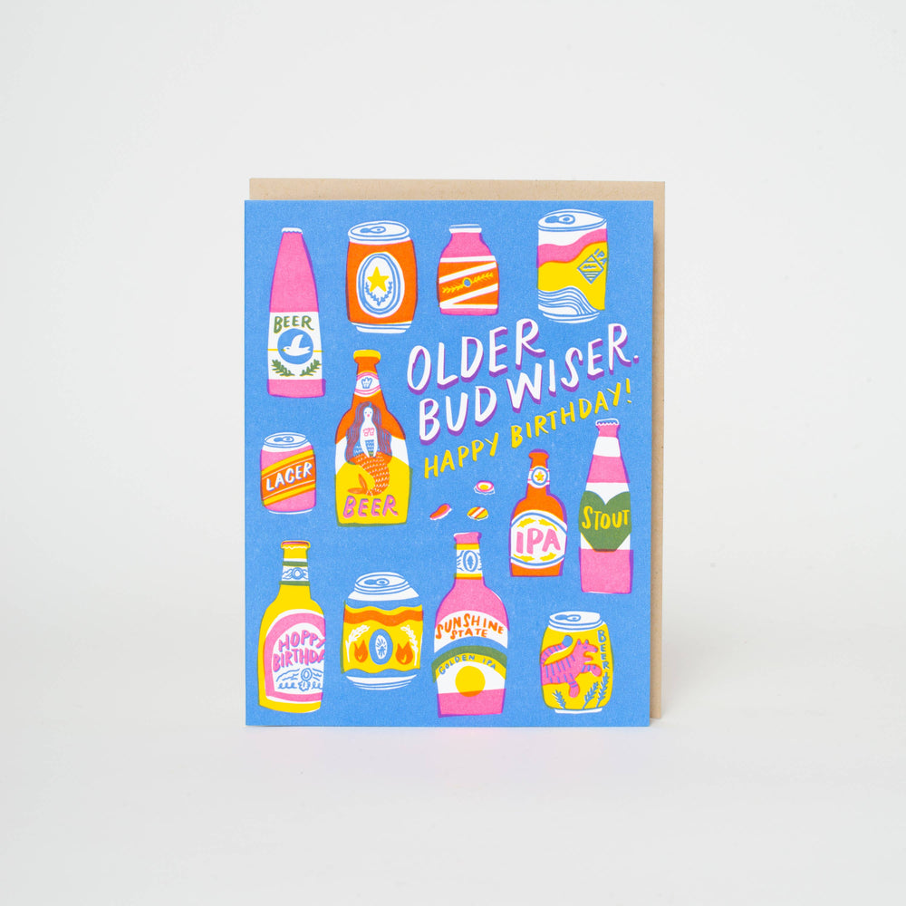 Egg Press Manufacturing - Bud Wiser Birthday Punny Letterpress Greeting Card by Hello!Lucky: Paper tab