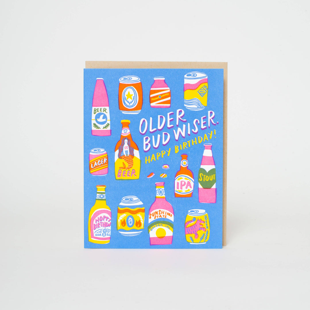 Egg Press Manufacturing - Bud Wiser Birthday Punny Letterpress Greeting Card by Hello!Lucky: Paper tab