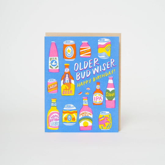 Egg Press Manufacturing - Bud Wiser Birthday Punny Letterpress Greeting Card by Hello!Lucky: Paper tab