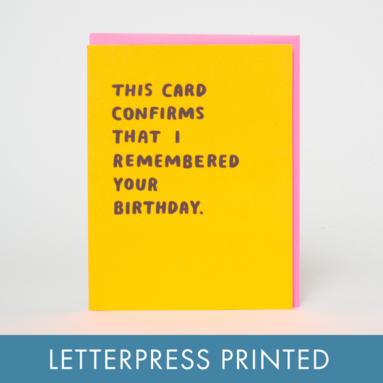 Egg Press Manufacturing - Confirmed Birthday Funny Letterpress Greeting Card by Ashkahn: Paper tab