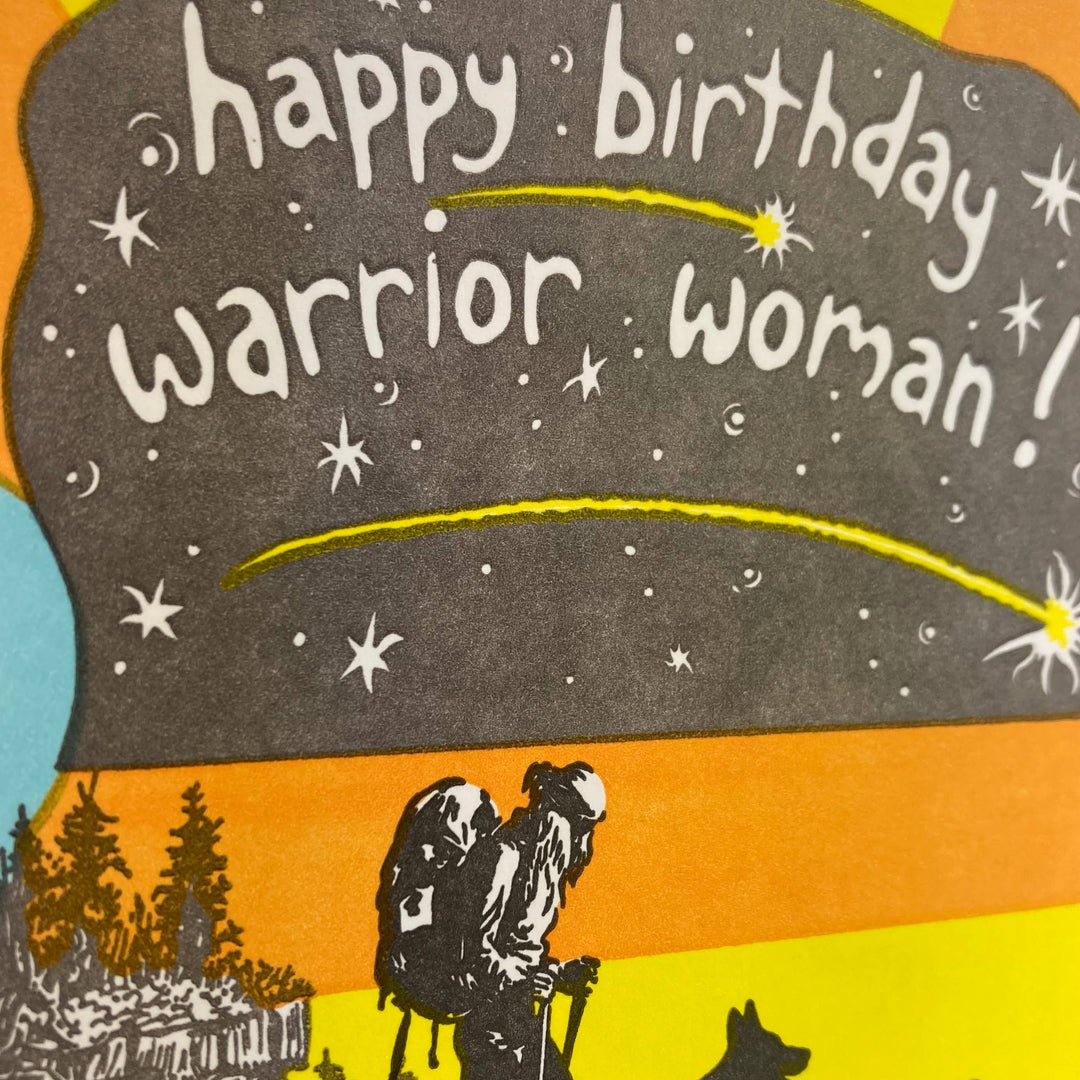 Old School Stationers - Happy birthday. Woman & dog backpacking.