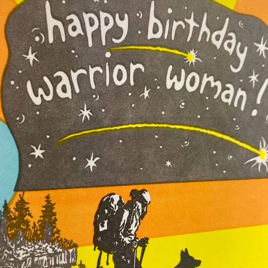 Old School Stationers - Happy birthday. Woman & dog backpacking.