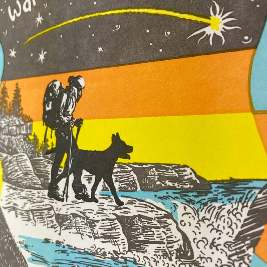 Old School Stationers - Happy birthday. Woman & dog backpacking.