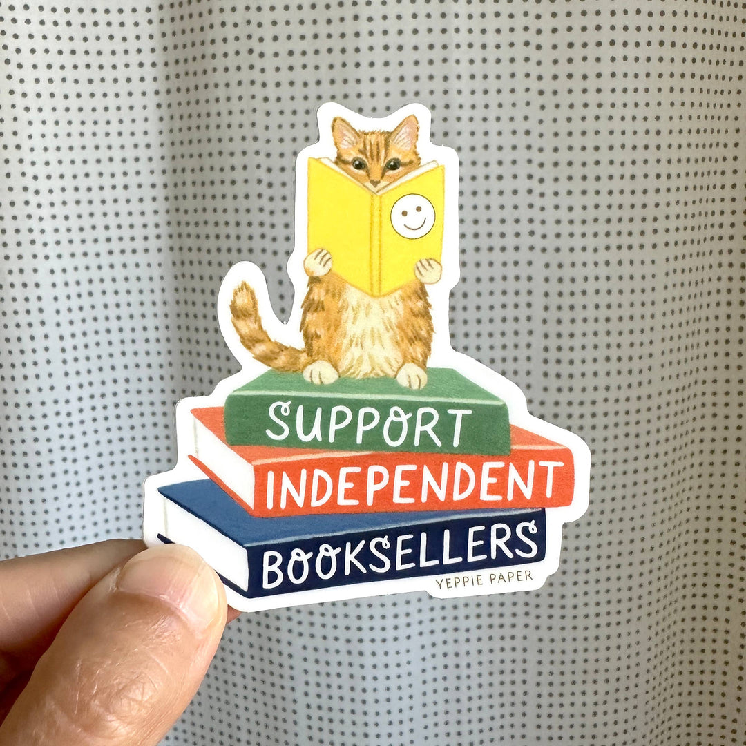Yeppie Paper - Support Independent Booksellers Cat on Stack of Books Sticker