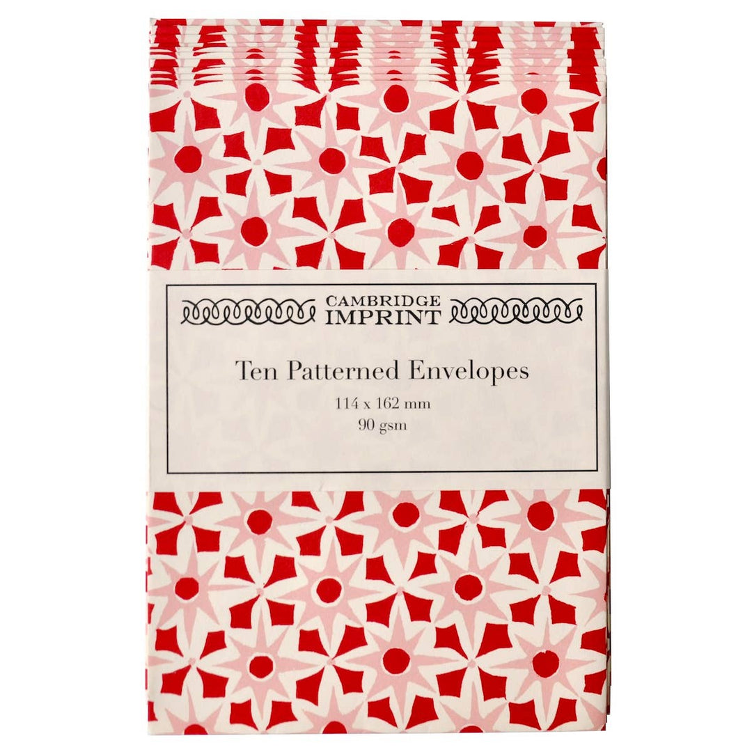 Cambridge Imprint - Packet of Ten Patterned Envelopes Alhambra red/pink