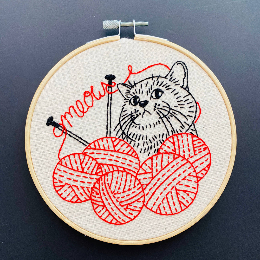 Hook, Line & Tinker Embroidery Kits - Kitten with Knitting Complete Embroidery Kit