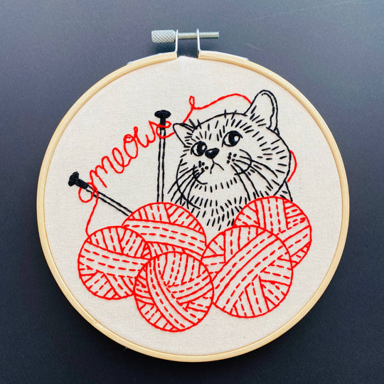 Hook, Line & Tinker Embroidery Kits - Kitten with Knitting Complete Embroidery Kit