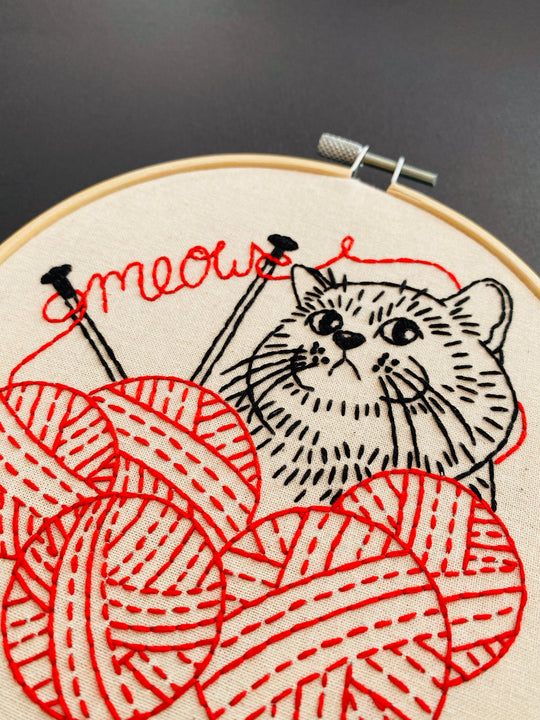 Hook, Line & Tinker Embroidery Kits - Kitten with Knitting Complete Embroidery Kit