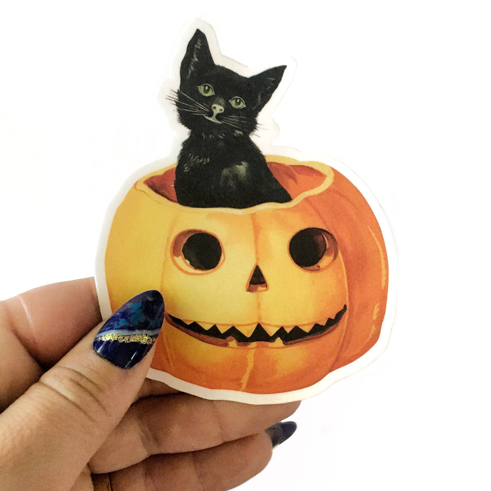 Pergamo Paper Goods - Pumpkin with Black Cat Sticker - Vintage Halloween, Autumn