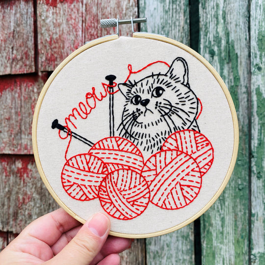 Hook, Line & Tinker Embroidery Kits - Kitten with Knitting Complete Embroidery Kit