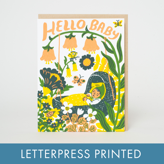 Egg Press Manufacturing - Hello Baby Bassinet (Yellow) Letterpress Greeting Card by Phoebe Wahl: Paper tab