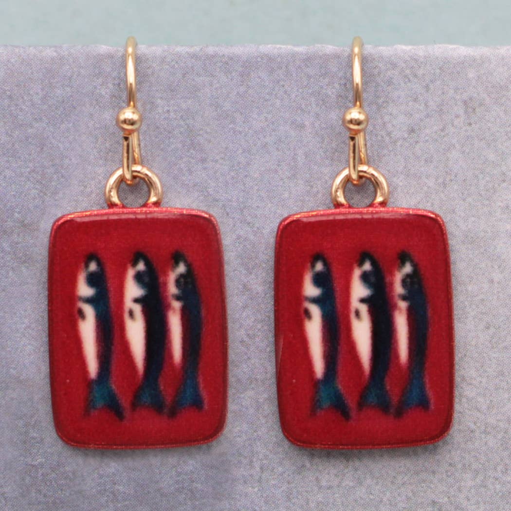 ZAD - Tin of Sardines Fish Print Red Gold Earrings