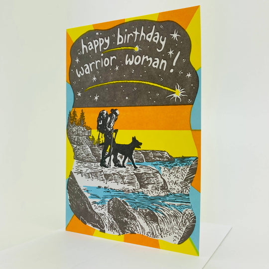 Old School Stationers - Happy birthday. Woman & dog backpacking.