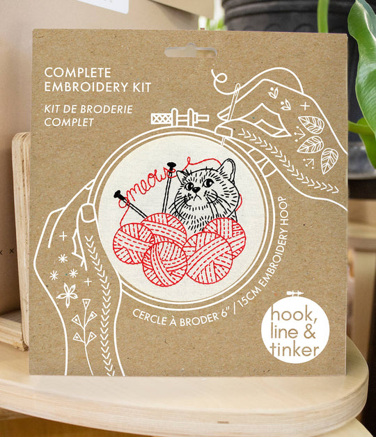 Hook, Line & Tinker Embroidery Kits - Kitten with Knitting Complete Embroidery Kit